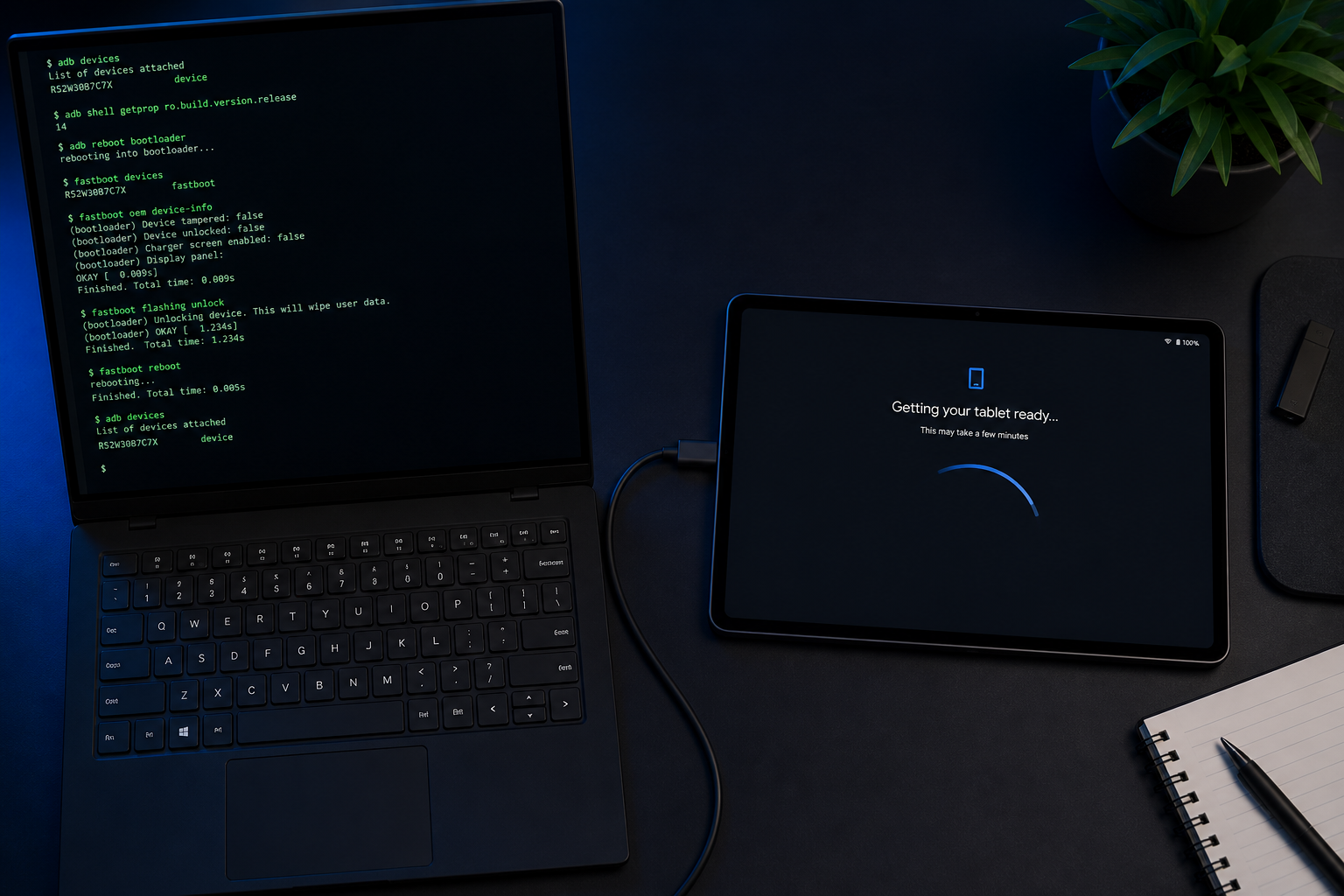 Notebook com terminal ADB conectado por USB a um tablet Android