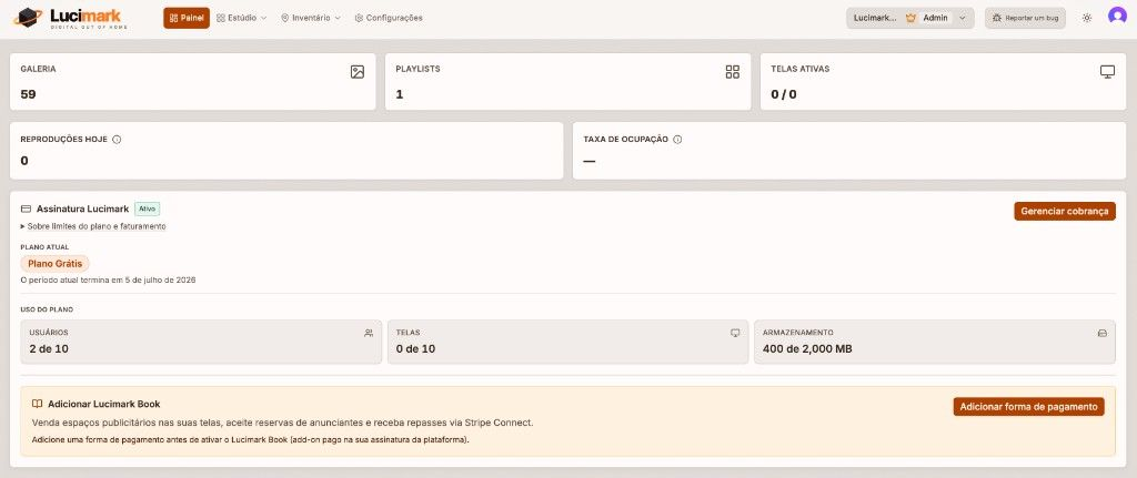 Painel do Lucimark com totais de galeria, playlists e telas